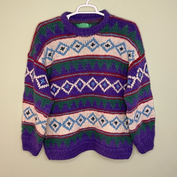 El Sol imports Sweaters - Vintage Fair Isle Chunky Knit Sweater Purple Geometric Ski handmade unisex L- XL
